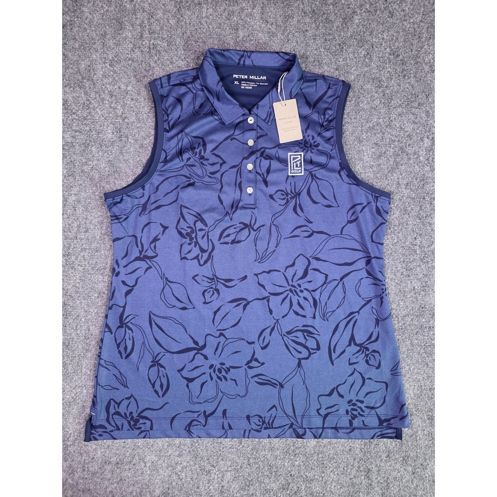 Peter Millar Golf Polo Womens XL Navy Blue Floral Sleeveless Shirt LF23EK12SF